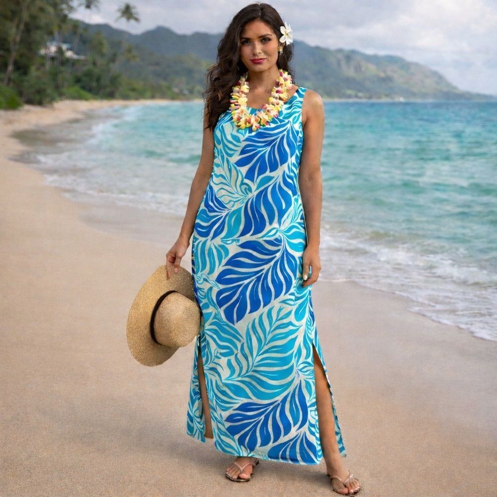 Vintage One Papaya genuine Hawaiian sleeveless sheath maxi muumuu dress L